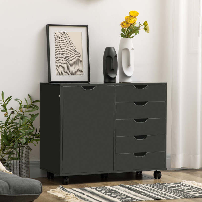 Lateral Filing Cabinet, 5-Drawers File Cabinet with Door and Adjustable Shelf, Mobile Office Storage Cabinet on Wheels, Printer Stand for Home Office, Black