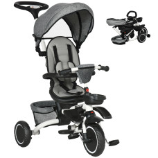 6-in-1 Toddler Tricycle for 12–50 Months, Foldable Kids Trike with Adjustable Seat and Push Handle, Safety Harness, Removable Canopy, Footrest, Grey