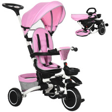 6-in-1 Toddler Tricycle for 12–50 Months, Foldable Kids Trike with Adjustable Seat and Push Handle, Safety Harness, Removable Canopy, Footrest, Pink