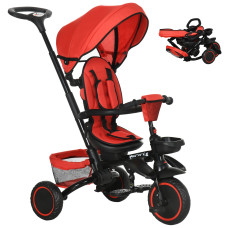 6-in-1 Toddler Tricycle for 12–50 Months, Foldable Kids Trike with Adjustable Seat and Push Handle, Safety Harness, Removable Canopy, Footrest, Red