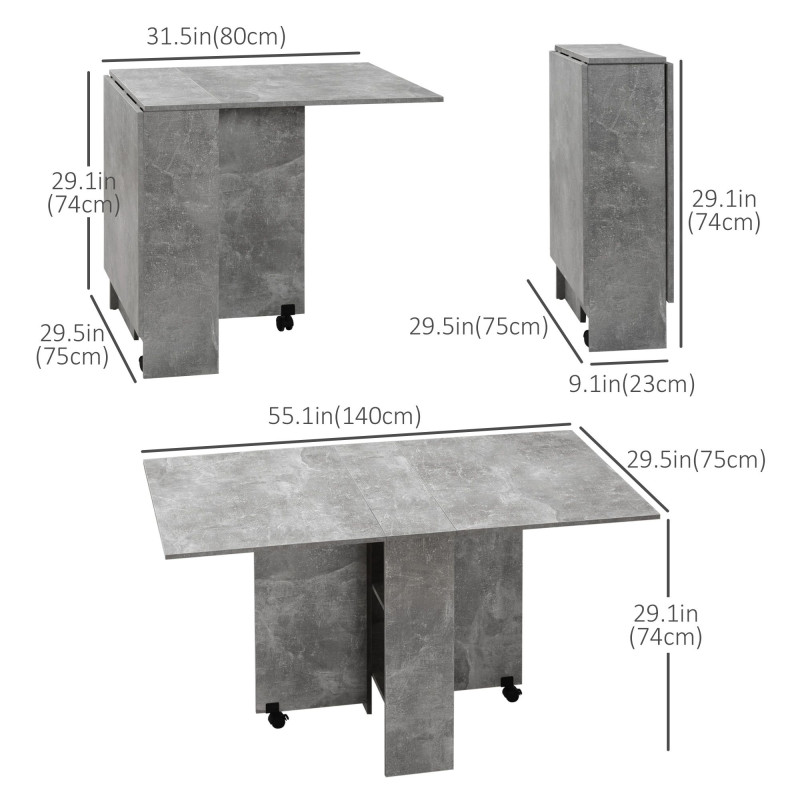 Extendable Dining Table, Collapsible Folding Table w/ 2-tier Shelves and Rolling Casters, Grey