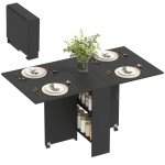 Extendable Dining Table, Collapsible Folding Table w/ 2-tier Shelves and Rolling Casters, Black