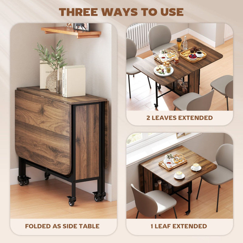 Folding Dining Table, Extendable Kitchen Table for Small Spaces with Storage Shelf and 6 Wheels, Light Brown