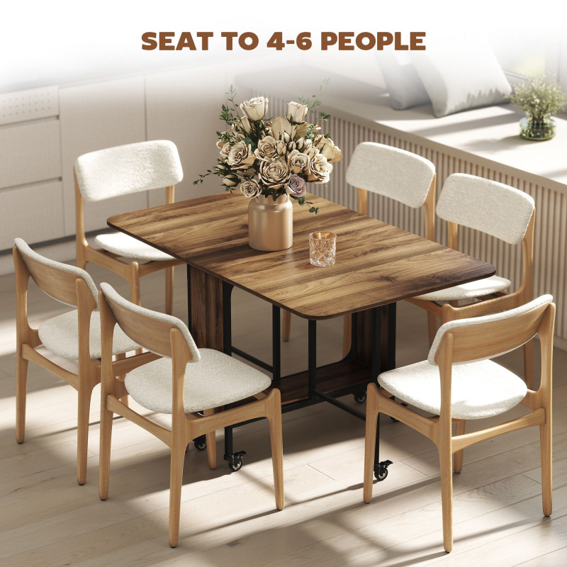 Folding Dining Table, Extendable Kitchen Table for Small Spaces with Storage Shelf and 6 Wheels, Light Brown