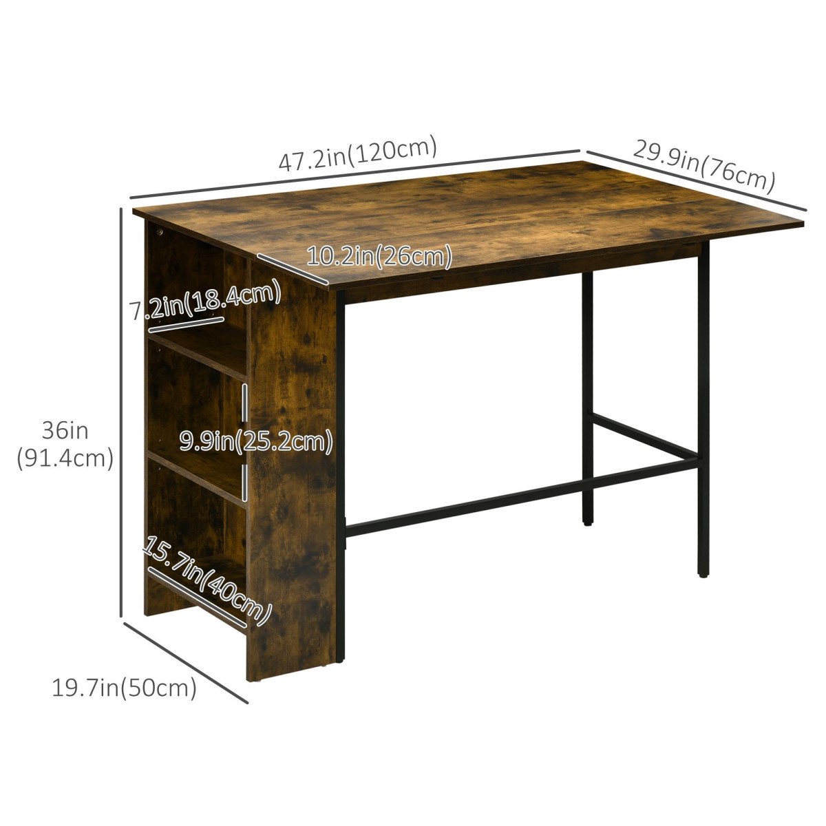 Counter Height Table with Drop Leaf, Extendable Bar Table with Adjustable Storage Shelf, Rustic Brown