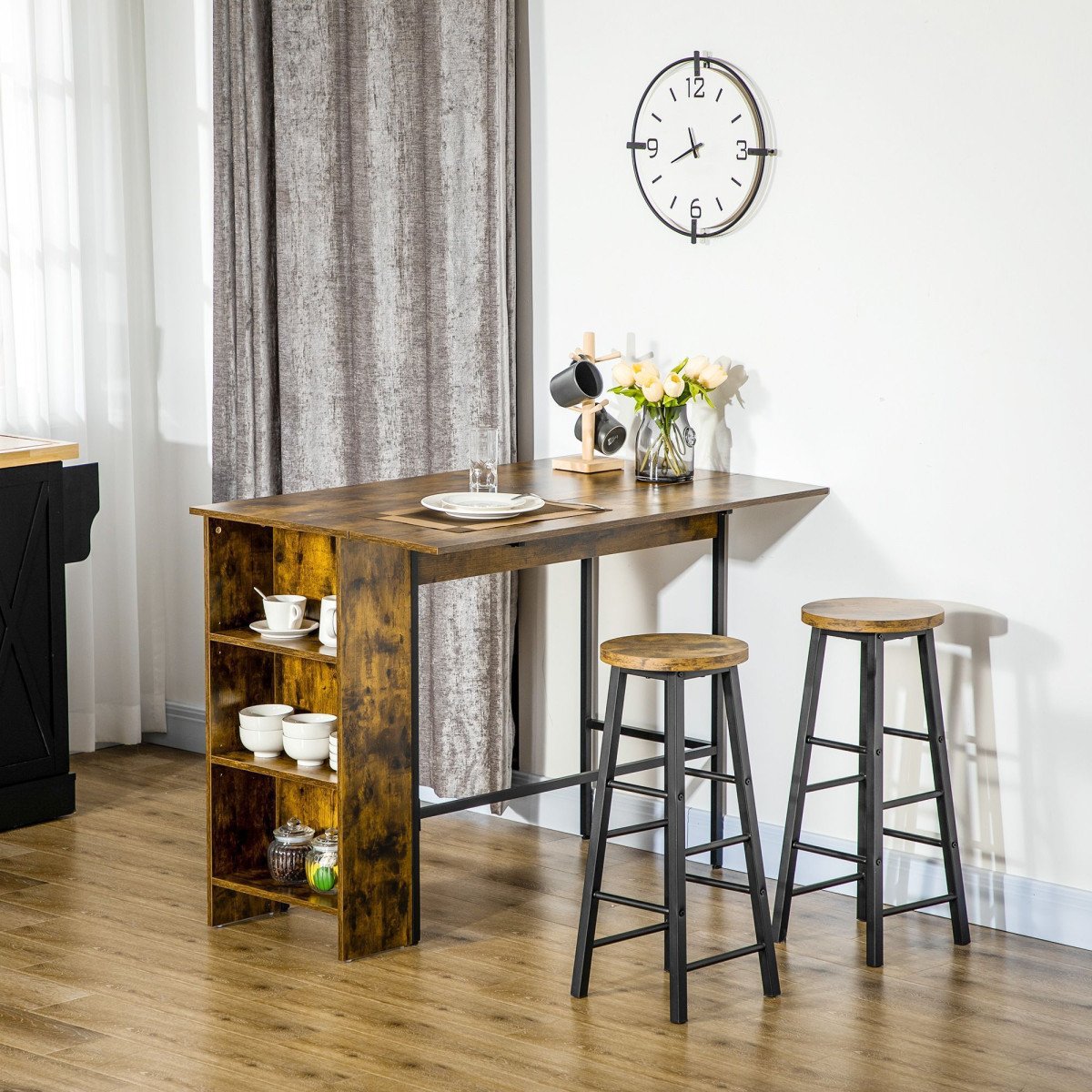 Counter Height Table with Drop Leaf, Extendable Bar Table with Adjustable Storage Shelf, Rustic Brown