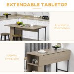 Counter Height Table with Drop Leaf, Extendable Bar Table with Adjustable Storage Shelf, Light Grey