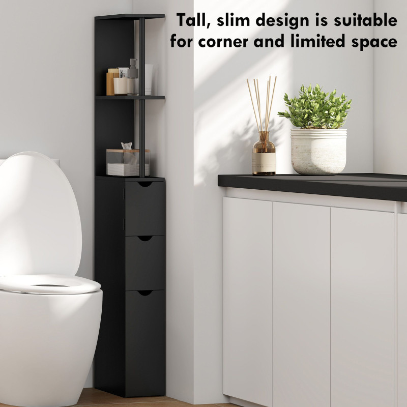 Tall Bathroom Storage Cabinet, Narrow Bathroom Cabinet with Drawers and Open Shelves for Small Spaces, Black