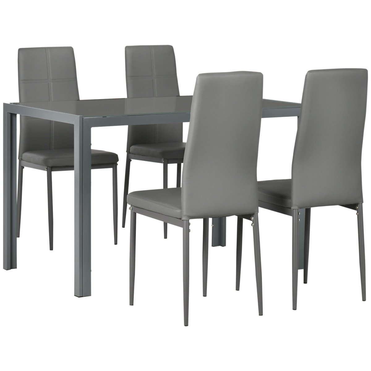 5-Piece Rectangular Glass Kitchen Table and Chairs with Metal Frame and Faux Leather Upholstery for Dining Room, Grey