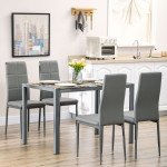 5-Piece Rectangular Glass Kitchen Table and Chairs with Metal Frame and Faux Leather Upholstery for Dining Room, Grey