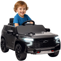 Licensed Chevrolet Tahoe Kids Ride-On Car, 12V 7AH Toddler Electric Vehicle with Parent Remote Control, 3 Speeds, Spring Suspension, LED Lights, Horn, and Music, Black