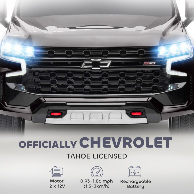 Licensed Chevrolet Tahoe Kids Ride-On Car, 12V 7AH Toddler Electric Vehicle with Parent Remote Control, 3 Speeds, Spring Suspension, LED Lights, Horn, and Music, Black