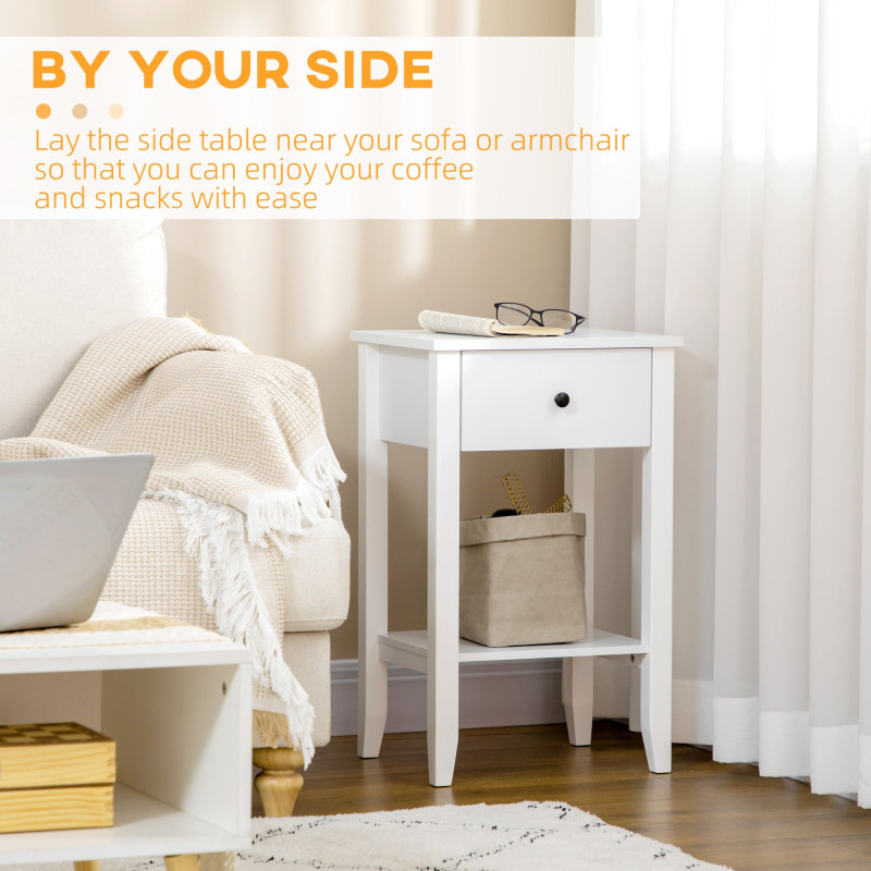 Side Table Set of 2, End Tables with Drawer and Bottom Shelf, 2-tier Nightstand for Bedroom, Living Room, White