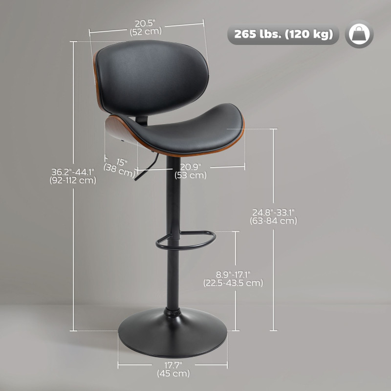 Bar Stools Set of 2, Modern PU Leather Adjustable Swivel Barstools with Curved Back, Footrest and Steel Base, Black