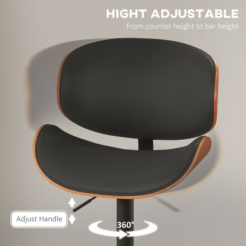 Bar Stools Set of 2, Modern PU Leather Adjustable Swivel Barstools with Curved Back, Footrest and Steel Base, Black