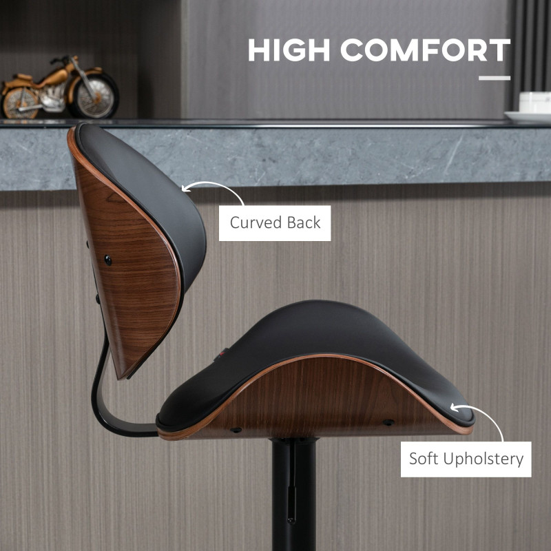 Bar Stools Set of 2, Modern PU Leather Adjustable Swivel Barstools with Curved Back, Footrest and Steel Base, Black
