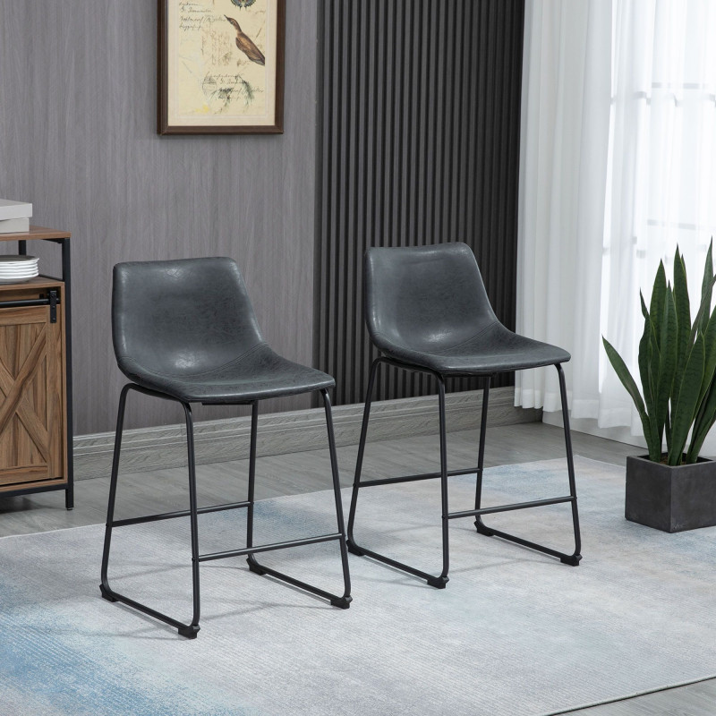Counter Height Bar Stools Set of 2, Vintage PU Leather Bar Chairs, Kitchen Stool with Footrest, Black