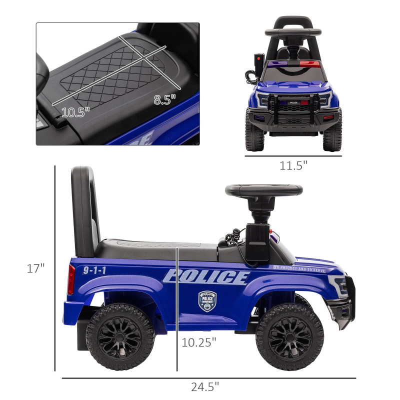 Kids Ride-On Sliding Car with Hidden Under-Seat Storage, Ride-On Police Car for Toddlers with Megaphone, Anti-Dumping Device, Removable Backrest, Foot-to-Floor Design, Blue