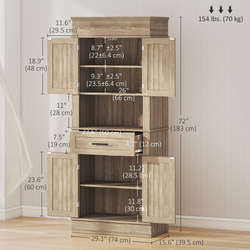 Modern Freestanding Kitchen Pantry Cabinet Cupboard with Doors Open Shelves Adjustable Shelving Microwave Space, Oak