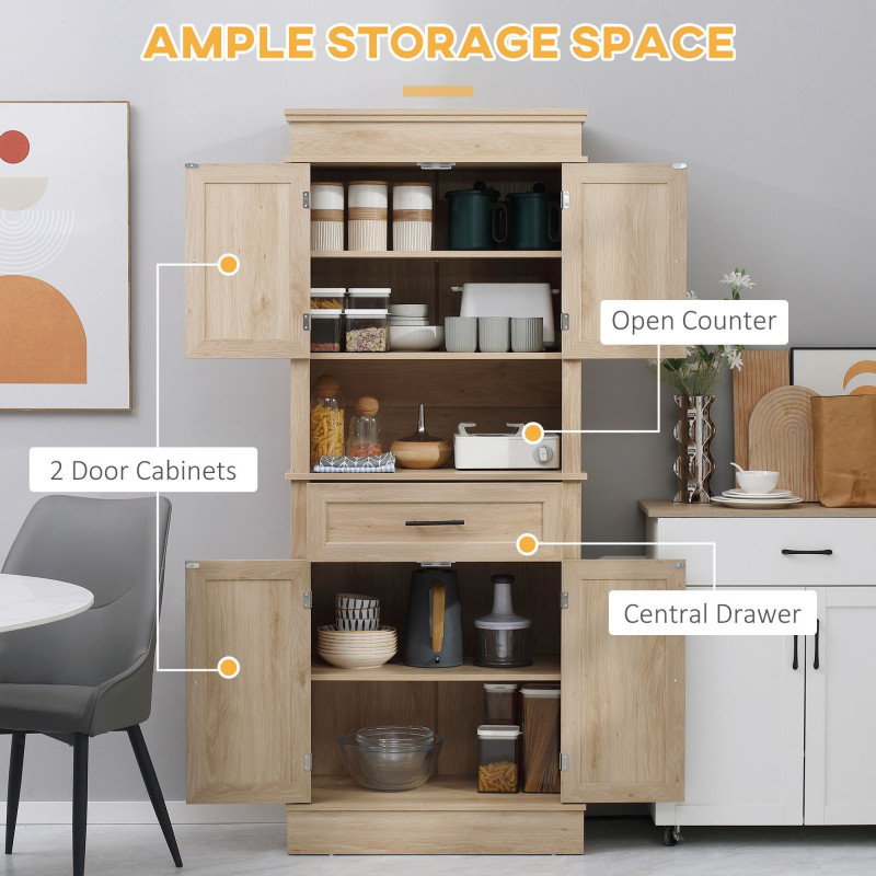 Modern Freestanding Kitchen Pantry Cabinet Cupboard with Doors Open Shelves Adjustable Shelving Microwave Space, Oak