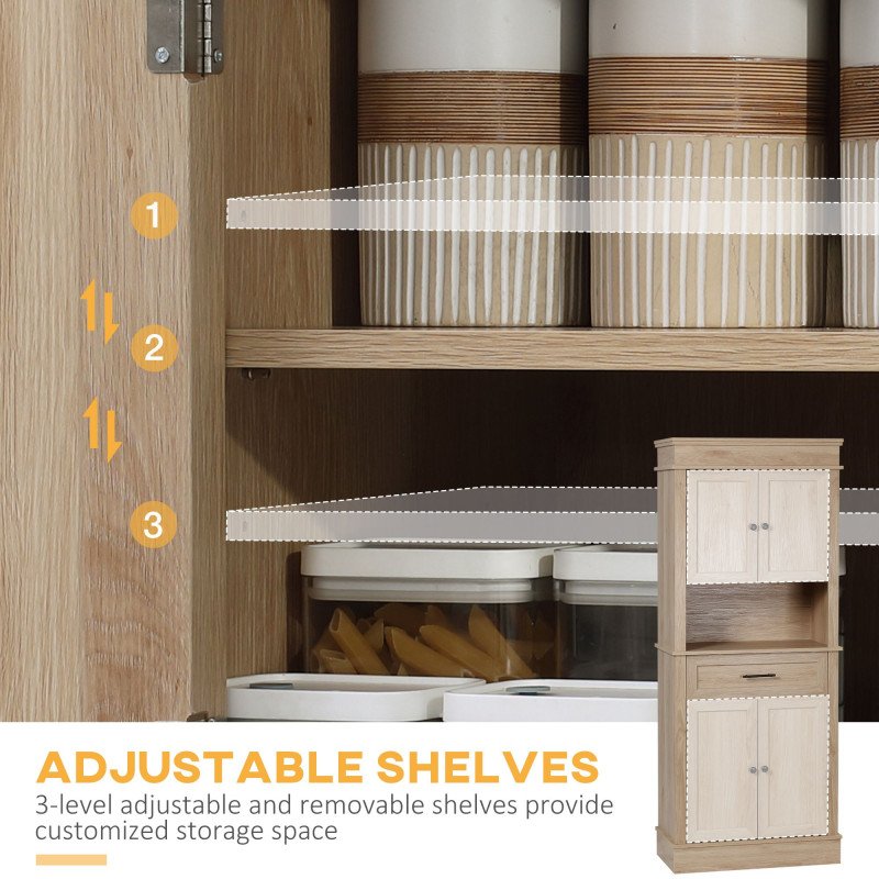 Modern Freestanding Kitchen Pantry Cabinet Cupboard with Doors Open Shelves Adjustable Shelving Microwave Space, Oak