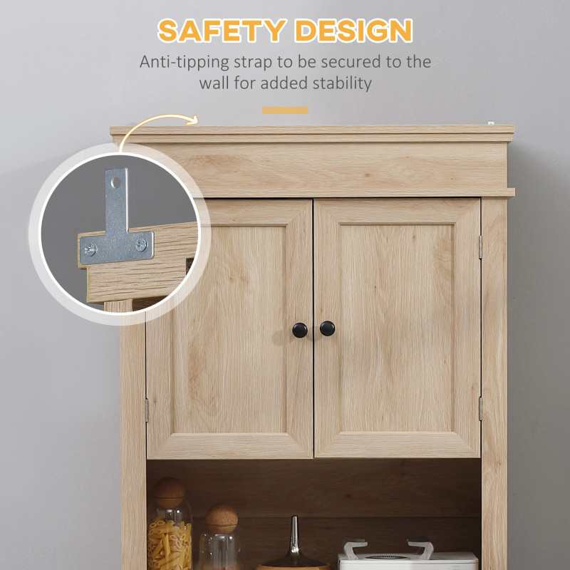 Modern Freestanding Kitchen Pantry Cabinet Cupboard with Doors Open Shelves Adjustable Shelving Microwave Space, Oak