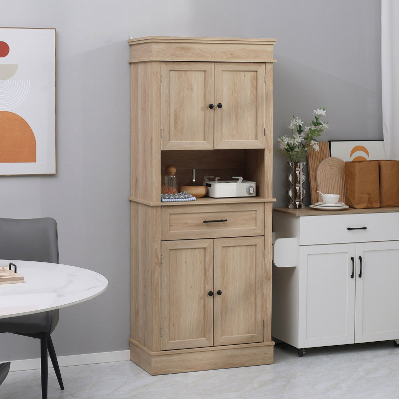 Modern Freestanding Kitchen Pantry Cabinet Cupboard with Doors Open Shelves Adjustable Shelving Microwave Space, Oak