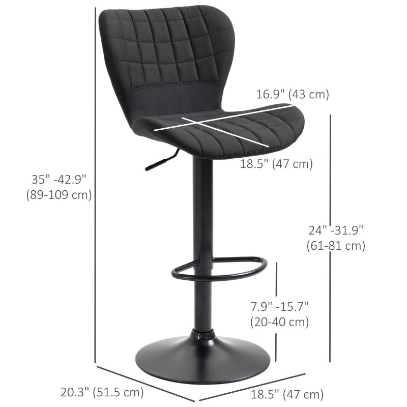 Bar Stools Set of 2, Adjustable Height Swivel Bar Chairs, Linen-feel Fabric Upholstered Kitchen Counter Stools with Wide Seat, Back and Footrest, Black