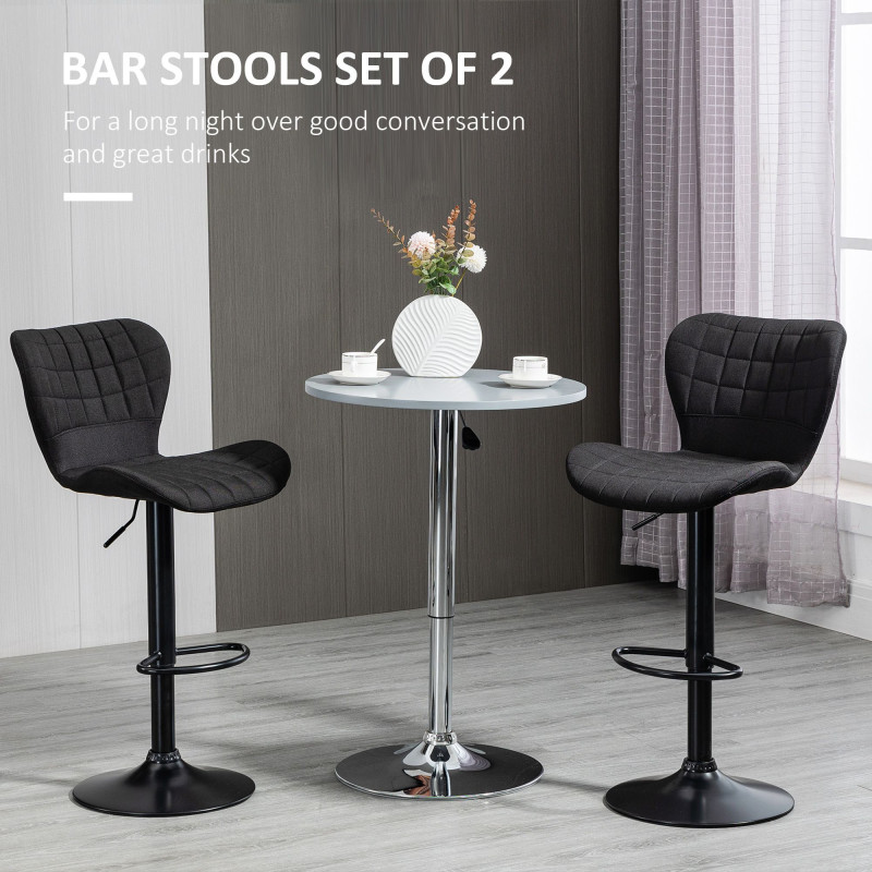 Bar Stools Set of 2, Adjustable Height Swivel Bar Chairs, Linen-feel Fabric Upholstered Kitchen Counter Stools with Wide Seat, Back and Footrest, Black