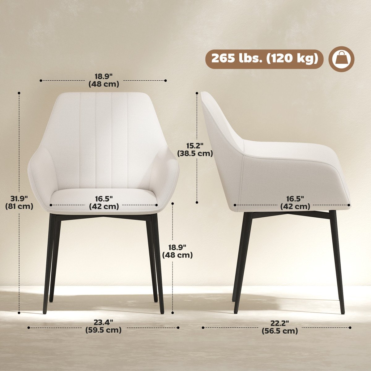 Dining Chairs Set of 2, Upholstered Linen Fabric Accent Chairs with Metal Legs, Soft Padded, Curved Backrest, Beige