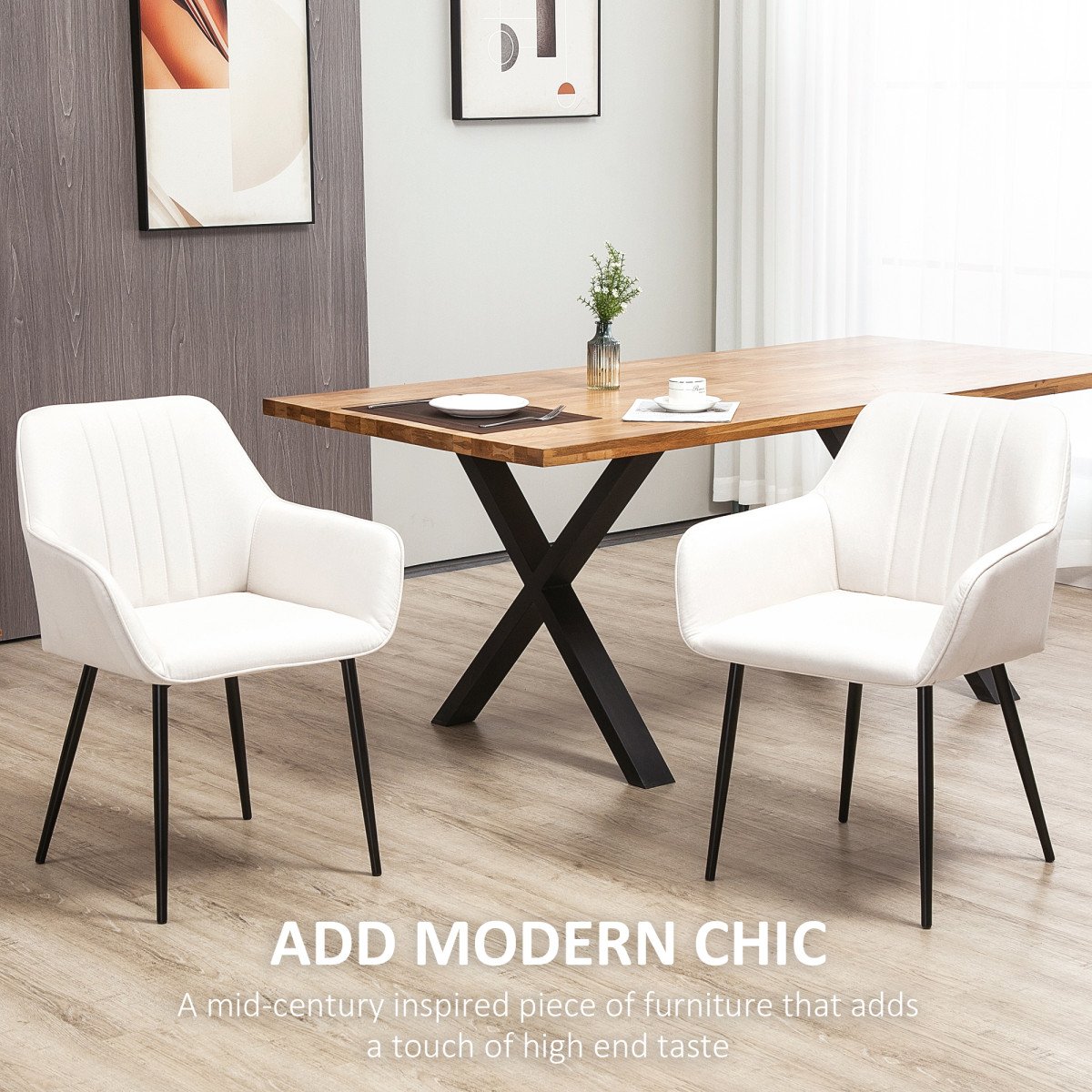 Dining Chairs Set of 2, Upholstered Linen Fabric Accent Chairs with Metal Legs, Soft Padded, Curved Backrest, Beige