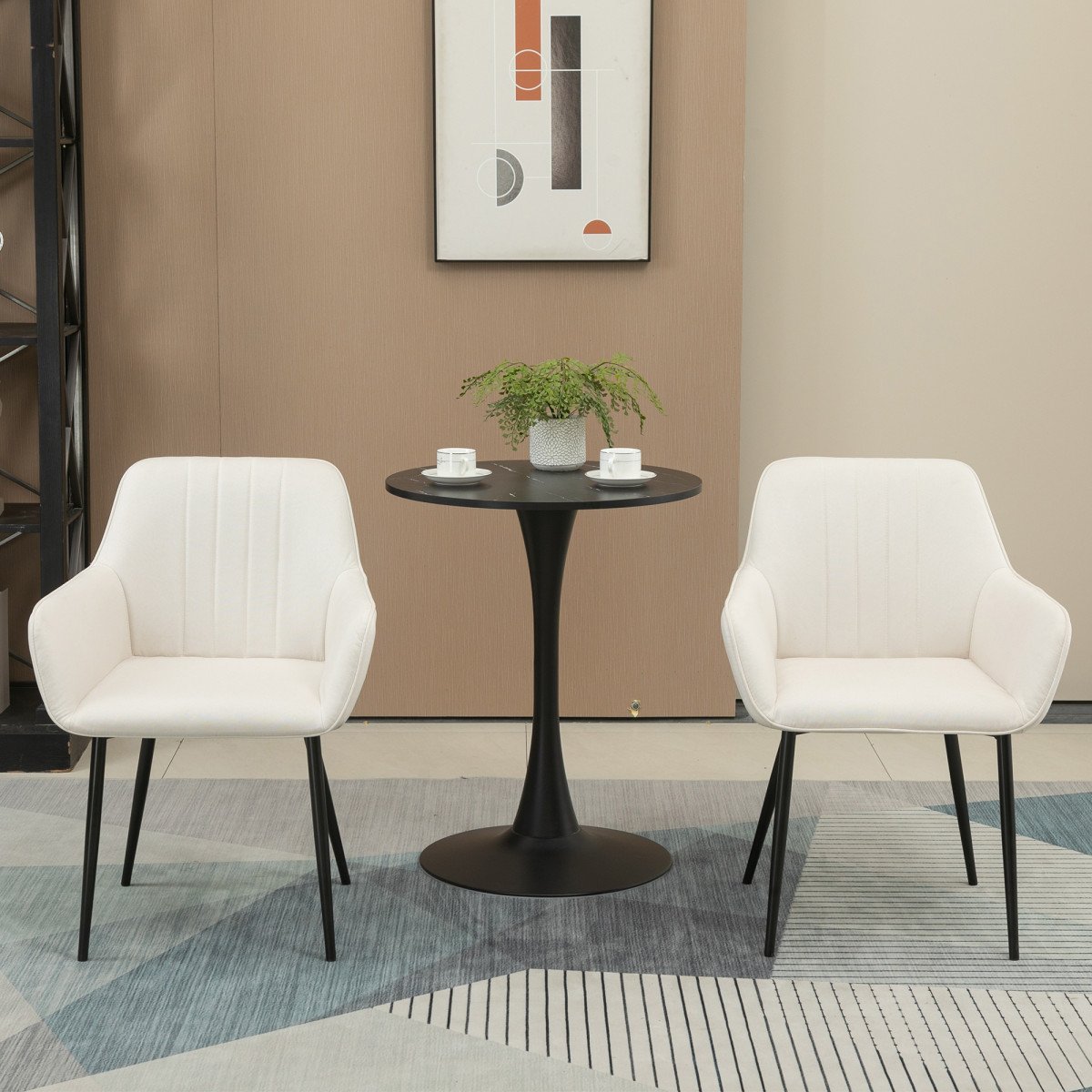 Dining Chairs Set of 2, Upholstered Linen Fabric Accent Chairs with Metal Legs, Soft Padded, Curved Backrest, Beige
