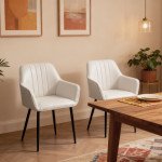 Dining Chairs Set of 2, Upholstered Linen Fabric Accent Chairs with Metal Legs, Soft Padded, Curved Backrest, Beige