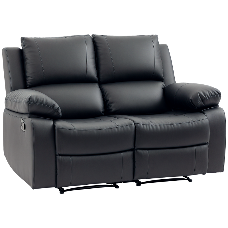 Double Reclining Loveseat, PU Leather Manual Recliner Sofa Chair with Thick Backrest, Padded Armrests, Footrest for Living Room, Black
