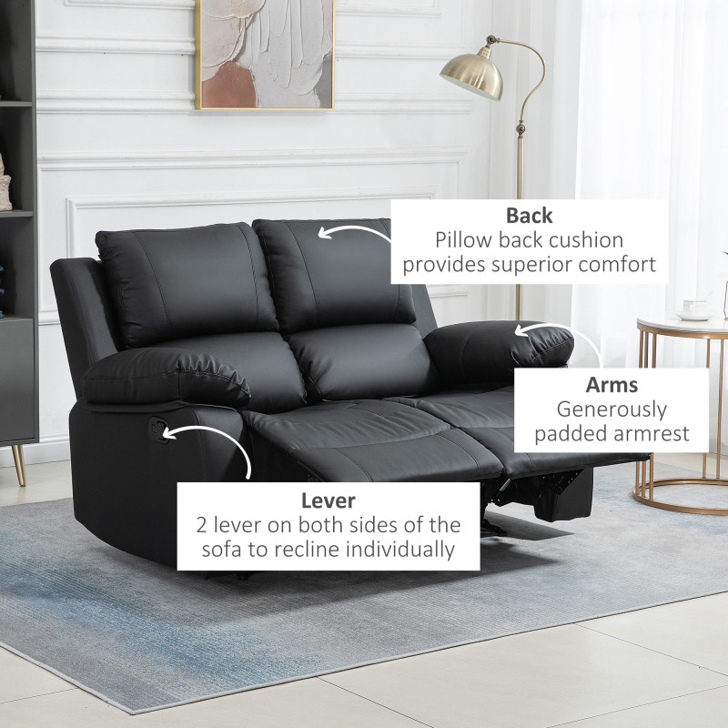 Double Reclining Loveseat, PU Leather Manual Recliner Sofa Chair with Thick Backrest, Padded Armrests, Footrest for Living Room, Black