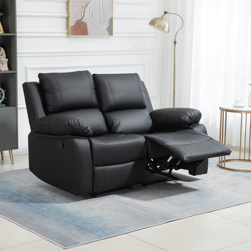 Double Reclining Loveseat, PU Leather Manual Recliner Sofa Chair with Thick Backrest, Padded Armrests, Footrest for Living Room, Black