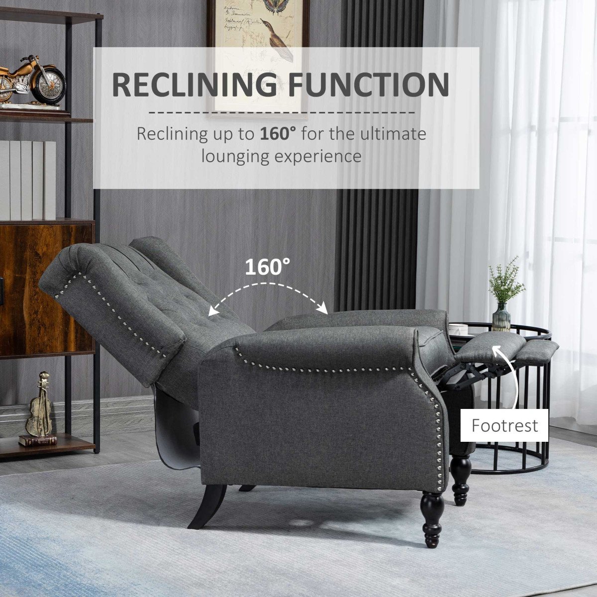 Wingback Reclining Chair with Footrest, Button Tufted Recliner Chair with Rolled Armrests for Living Room, Dark Grey