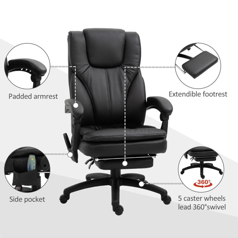 Office Chair High Back 6-Point Vibration Massage Reclining 360° Swivel Height Adjustable with Retractable Footrest