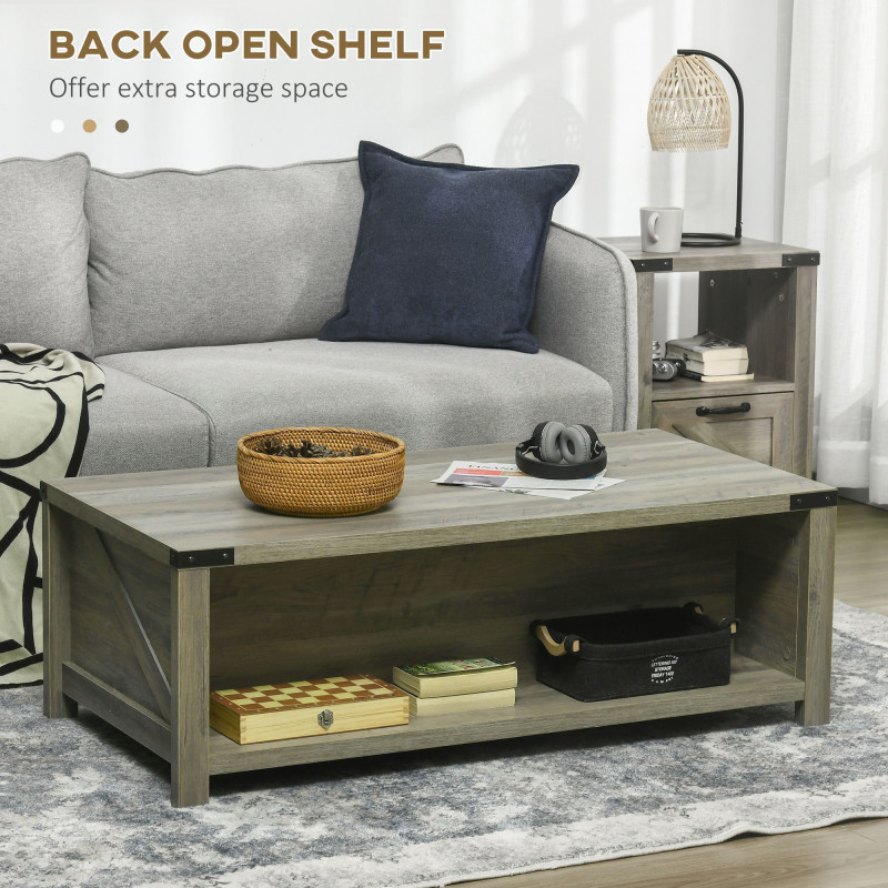 Farmhouse Coffee Table with Drawer and Storage Shelf, Rustic Center Table for Living Room, Meeting Room, Grey