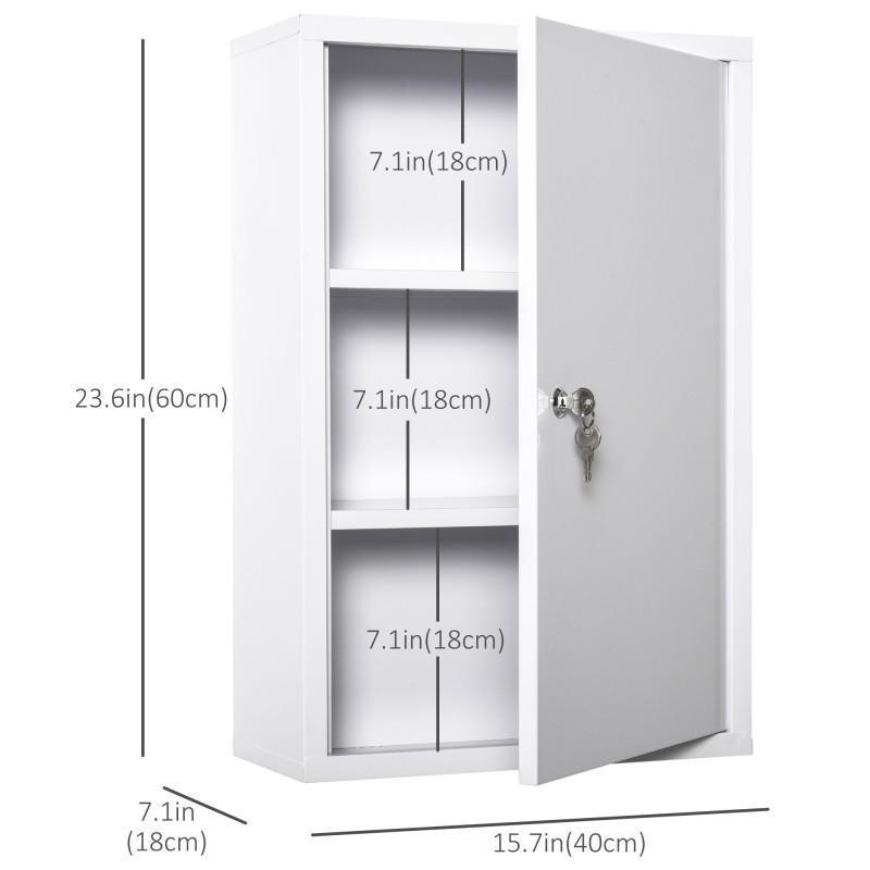 Wall Mount Medicine Cabinet 3 Tier Steel Emergency Box for Bathroom, Lockable with 2 Keys, White