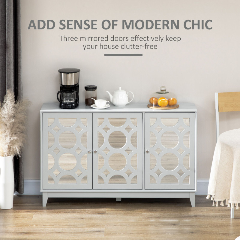 Sideboard Kitchen Buffet Table with 3 Mirrored Doors, 2 Cabinets  and Adjustable Shelf, Gray