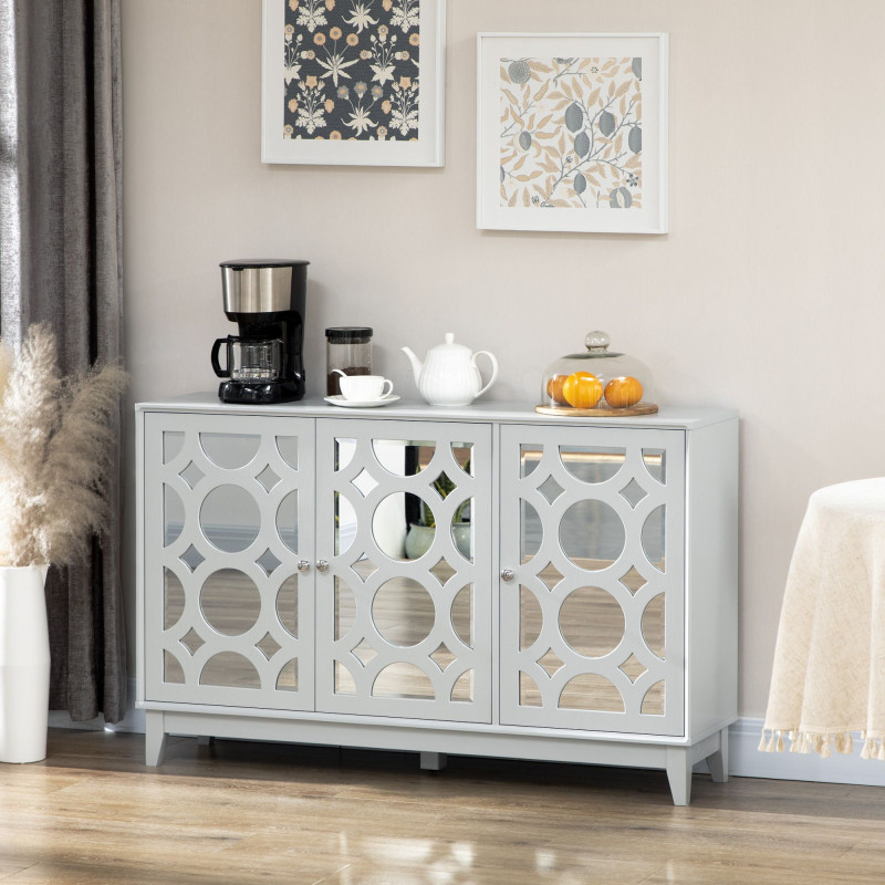 Sideboard Kitchen Buffet Table with 3 Mirrored Doors, 2 Cabinets  and Adjustable Shelf, Gray
