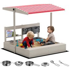 Kids Sandbox with Cover Kitchen Playset Toys, Wooden Sand Box with Seat, Storage, for 3-7 Years Old, Grey
