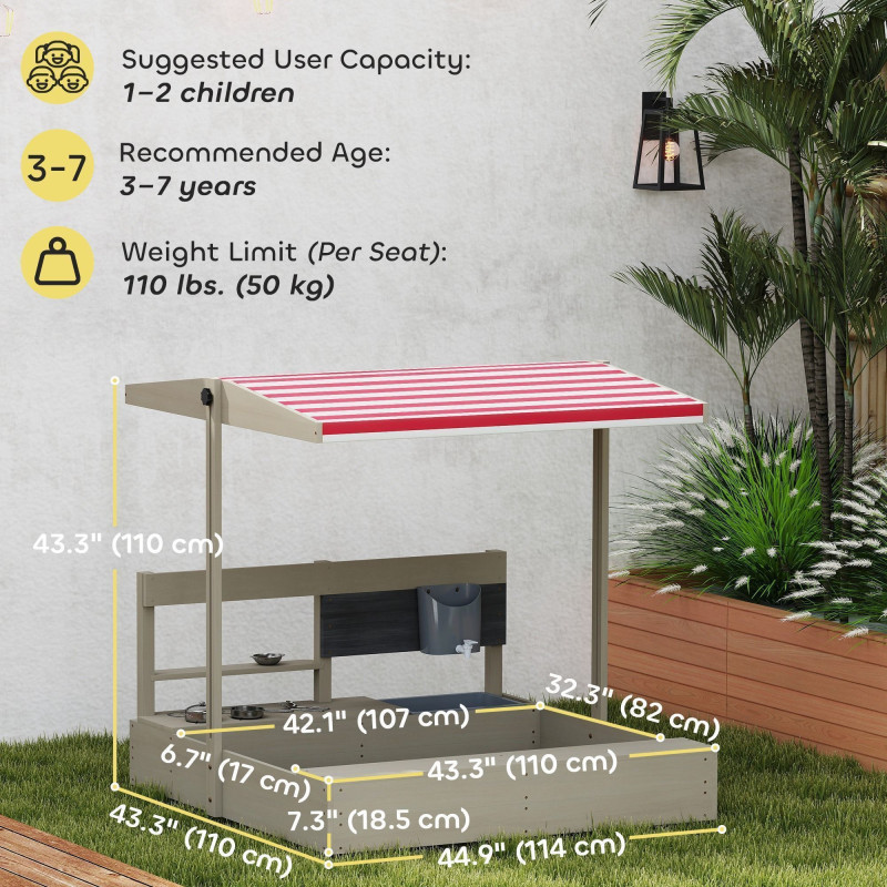 Kids Sandbox with Cover Kitchen Playset Toys, Wooden Sand Box with Seat, Storage, for 3-7 Years Old, Grey