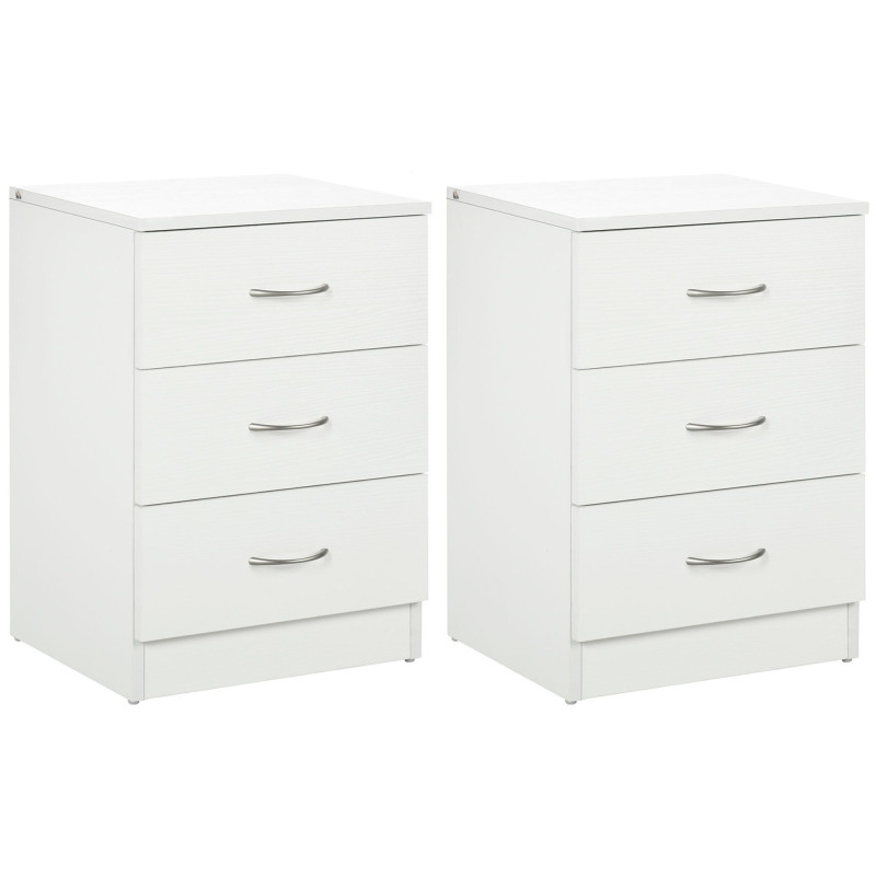 Bedside Table with 3 Drawers, Modern Wood Nightstand, Side Table with Anti-tipping Design for Bedroom, Set of 2, White