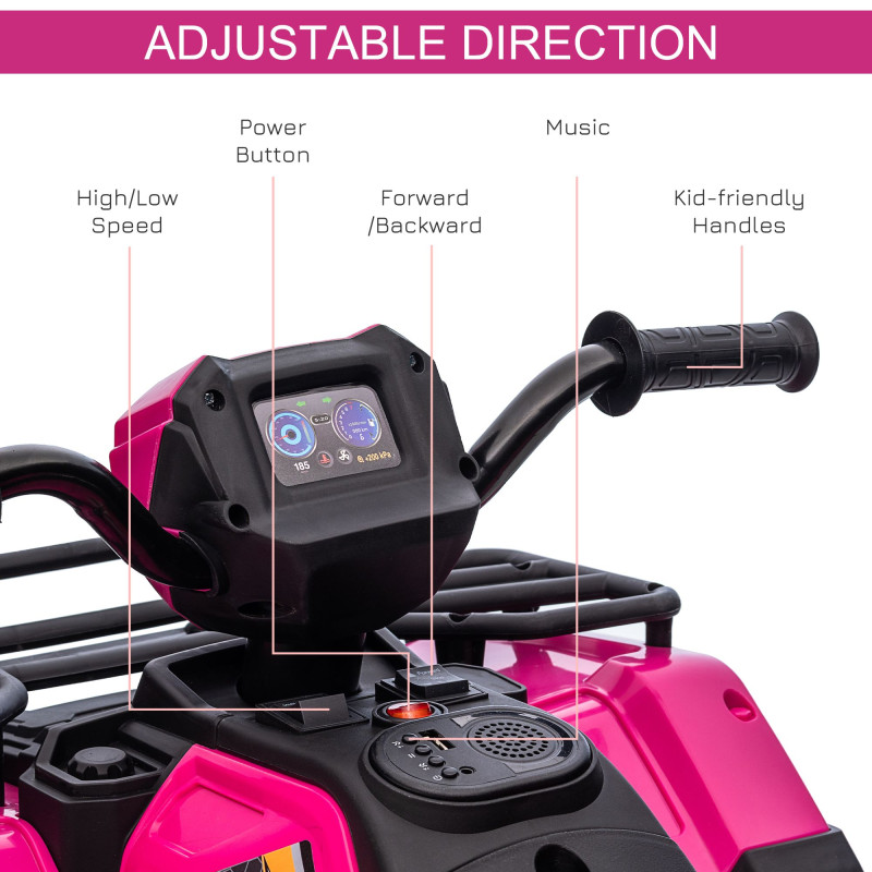 12V Kids ATV Quad, 4-Wheeler Battery-Powered Electric Ride-On with MP3 Music, Working Headlights, High/Low Speed Settings, Treaded Tires, for Boys and Girls Ages 37–60 Months, Pink
