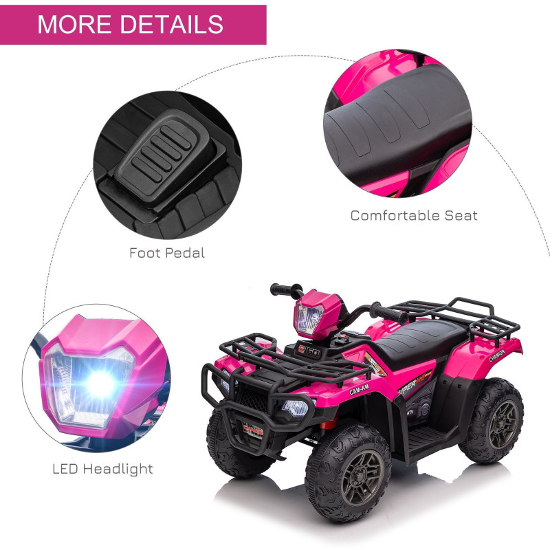 12V Kids ATV Quad, 4-Wheeler Battery-Powered Electric Ride-On with MP3 Music, Working Headlights, High/Low Speed Settings, Treaded Tires, for Boys and Girls Ages 37–60 Months, Pink