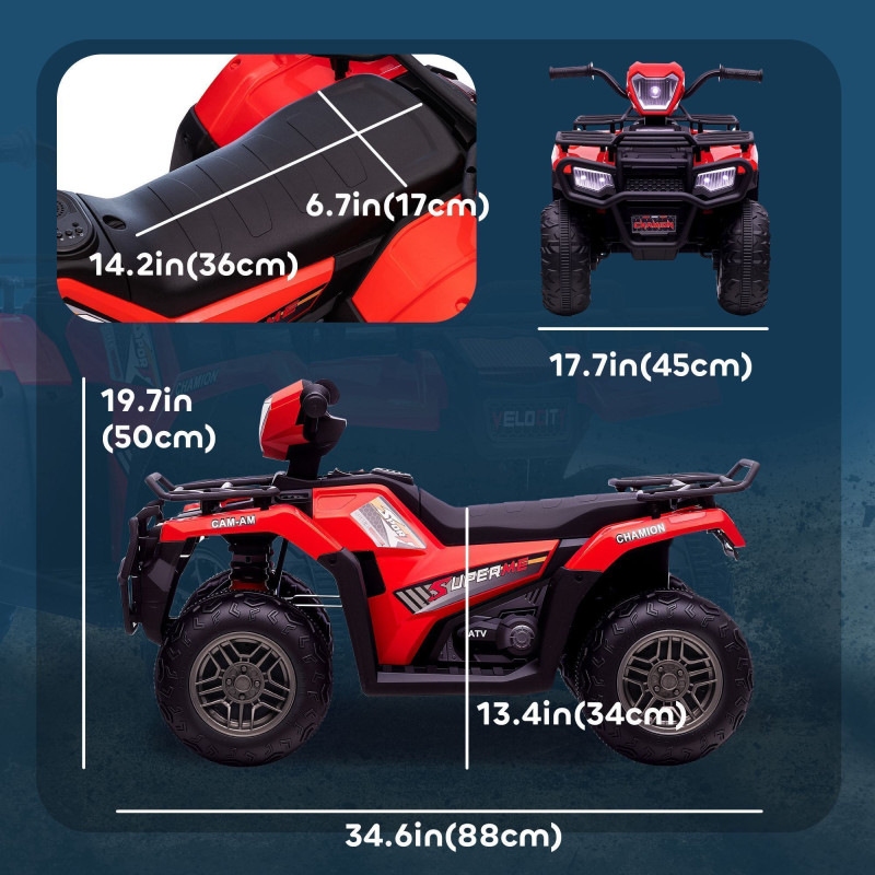 12V Kids ATV Quad, 4-Wheeler Battery Powered Electric Ride-On with MP3 Music, Headlights, High/Low Speed & Treaded Tires, for Boys and Girls Ages 37–60 Months, Red