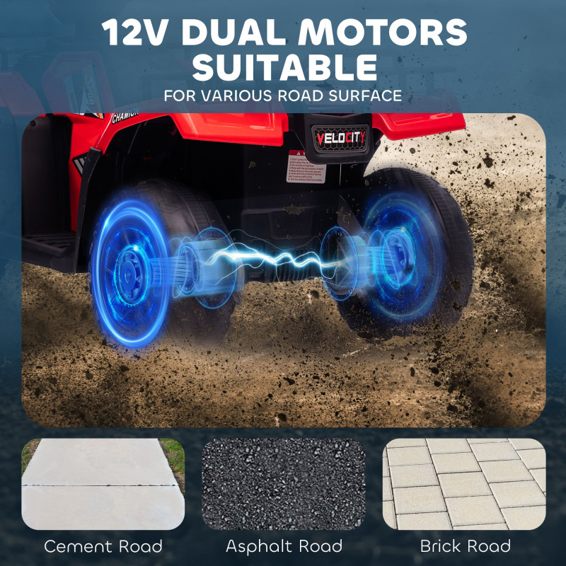 12V Kids ATV Quad, 4-Wheeler Battery Powered Electric Ride-On with MP3 Music, Headlights, High/Low Speed & Treaded Tires, for Boys and Girls Ages 37–60 Months, Red