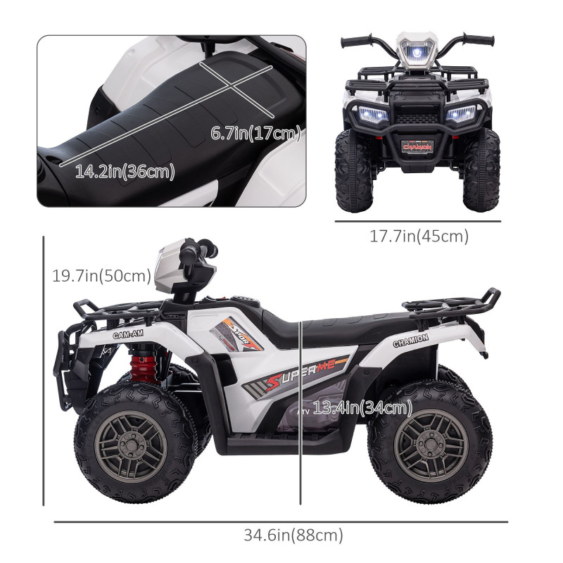 12V Kids ATV Quad, 4-Wheeler Battery-Powered Electric Ride-On with MP3 Music, Working Headlights, High/Low Speed Settings, Treaded Tires, for Boys and Girls Ages 37–60 Months, White